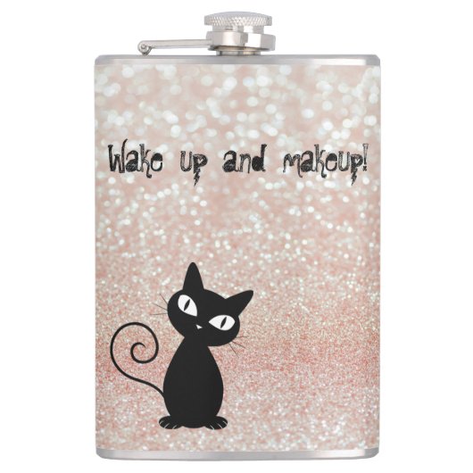 Whimsical Black Cat Glittery Weckte auf und Make-u Flachmann (Vorderseite)