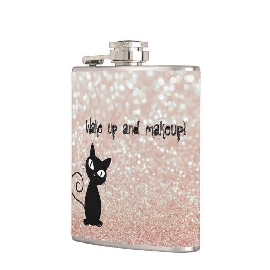 Whimsical Black Cat Glittery Weckte auf und Make-u Flachmann (Links)