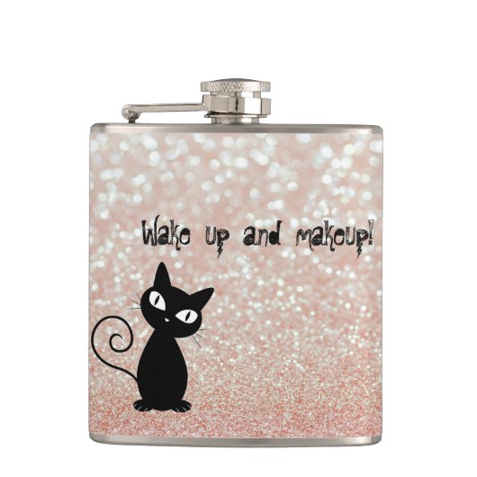 Whimsical Black Cat Glittery Weckte auf und Make-u Flachmann (Vorderseite)