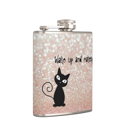 Whimsical Black Cat Glittery Weckte auf und Make-u Flachmann (Rechts)