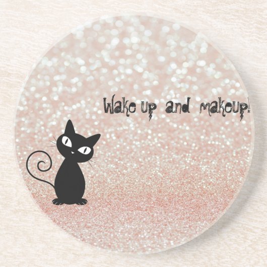 Whimsical Black Cat Glittery Weckte auf und Make-u Sandstein Untersetzer (Vorne)