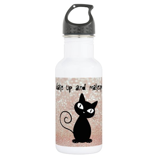 Whimsical Black Cat Glittery Weckte auf und Make-u Trinkflasche (Vorderseite)