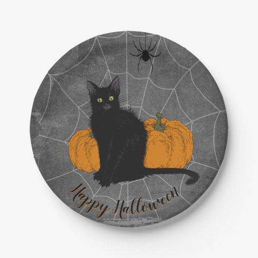 Whimsical Black Cat Happy Halloween Party Pappteller (Vorderseite)