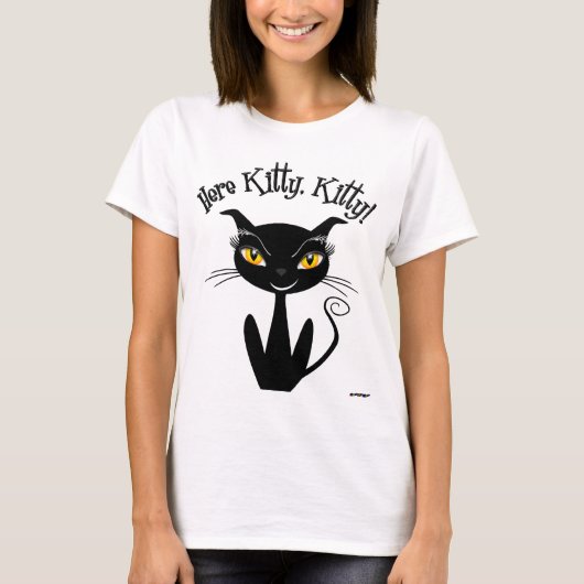 Whimsical Black Cat Here Kitty, Kitty! T-Shirt (Vorderseite)