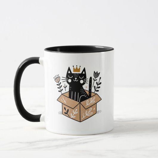 Whimsical Black Cat in einer Kiste mit Kronen Tasse (Links)
