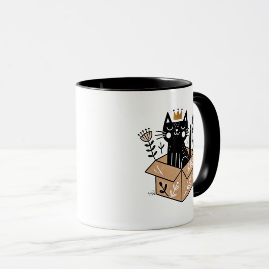 Whimsical Black Cat in einer Kiste mit Kronen Tasse (VorderseiteRechts)