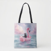 Whimsical Black Cat in Flamingo Float Tasche (Vorderseite)