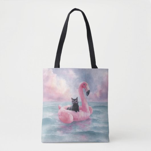 Whimsical Black Cat in Flamingo Float Tasche (Vorderseite)