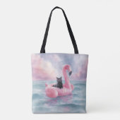 Whimsical Black Cat in Flamingo Float Tasche (Rückseite)