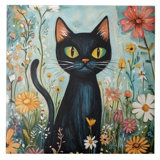 Whimsical Black Cat mit Wildblumen Illustration Fliese (Vorderseite)