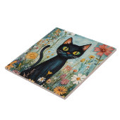 Whimsical Black Cat mit Wildblumen Illustration Fliese (Seite)