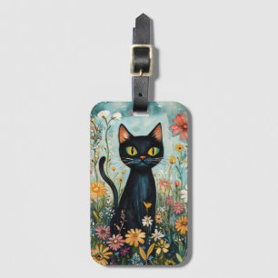 Whimsical Black Cat mit Wildblumen Illustration Gepäckanhänger