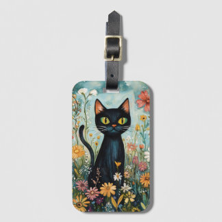 Whimsical Black Cat mit Wildblumen Illustration Gepäckanhänger