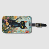 Whimsical Black Cat mit Wildblumen Illustration Gepäckanhänger (Vorderseite (Horizontal))