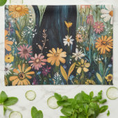 Whimsical Black Cat mit Wildblumen Illustration Geschirrtuch (Gefaltet)