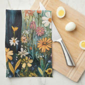Whimsical Black Cat mit Wildblumen Illustration Geschirrtuch (Viertel Falte)