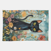 Whimsical Black Cat mit Wildblumen Illustration Geschirrtuch (Horizontal)