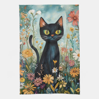 Whimsical Black Cat mit Wildblumen Illustration Geschirrtuch