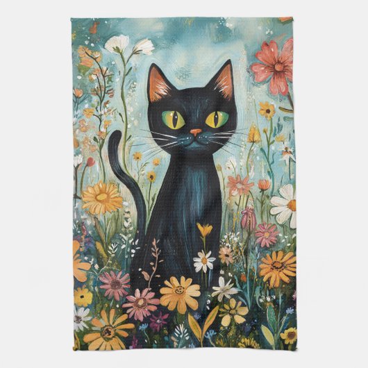 Whimsical Black Cat mit Wildblumen Illustration Geschirrtuch (Vertikal)