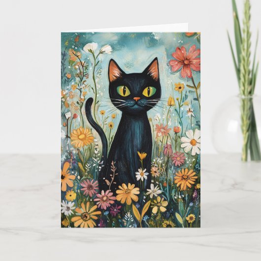 Whimsical Black Cat mit Wildblumen Illustration Karte (Vorderseite)