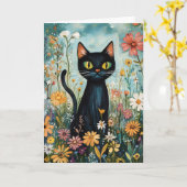 Whimsical Black Cat mit Wildblumen Illustration Karte (Gelbe Blume)