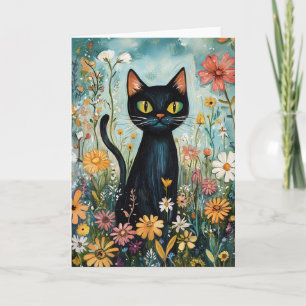 Whimsical Black Cat mit Wildblumen Illustration Karte