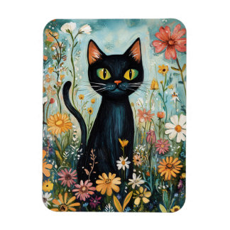 Whimsical Black Cat mit Wildblumen Illustration Magnet