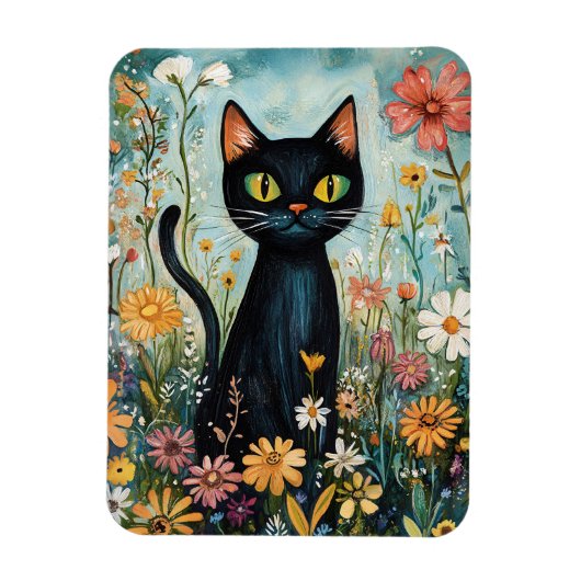 Whimsical Black Cat mit Wildblumen Illustration Magnet (Vertikal)