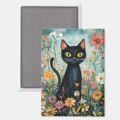 Whimsical Black Cat mit Wildblumen Illustration Magnet (Vorderseite/Rückseite)