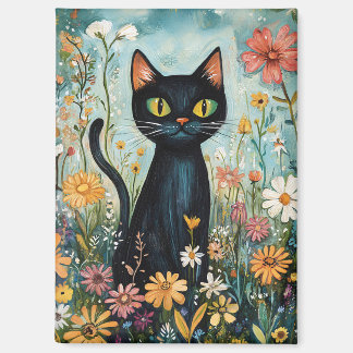 Whimsical Black Cat mit Wildblumen Illustration Magnet