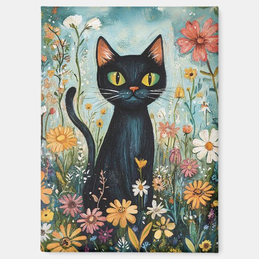 Whimsical Black Cat mit Wildblumen Illustration Magnet (Vorderseite)