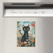 Whimsical Black Cat mit Wildblumen Illustration Magnet (In Situ (Geschirrspüler))