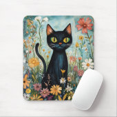 Whimsical Black Cat mit Wildblumen Illustration Mousepad (Mit Mouse)