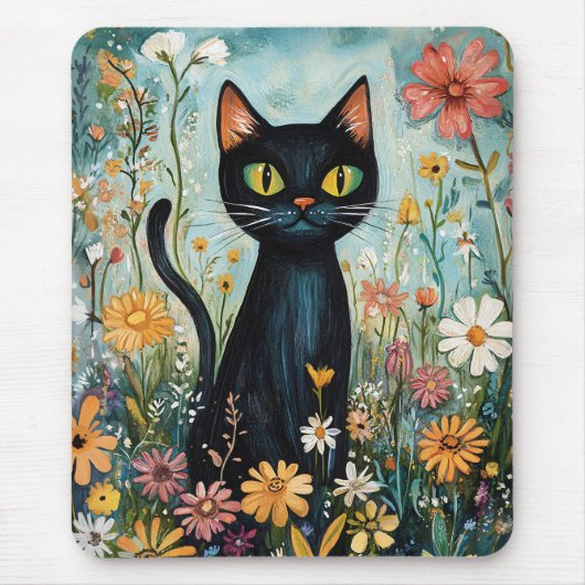 Whimsical Black Cat mit Wildblumen Illustration Mousepad (Vorne)