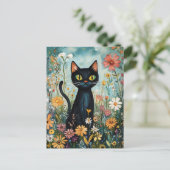 Whimsical Black Cat mit Wildblumen Illustration Postkarte (Stehend Vorderseite)