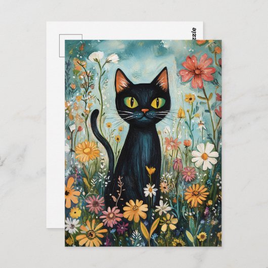 Whimsical Black Cat mit Wildblumen Illustration Postkarte (Vorne/Hinten)