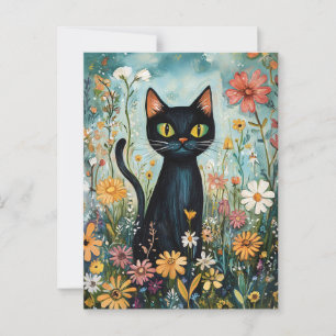 Whimsical Black Cat mit Wildblumen Illustration Postkarte