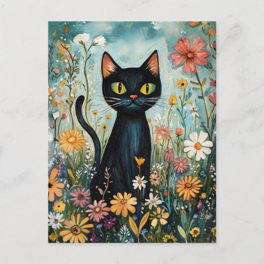 Whimsical Black Cat mit Wildblumen Illustration Postkarte (Vorderseite)