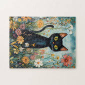 Whimsical Black Cat mit Wildblumen Illustration Puzzle (Horizontal)