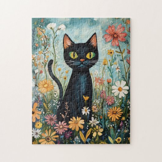 Whimsical Black Cat mit Wildblumen Illustration Puzzle (Vertikal)