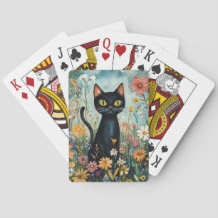 Whimsical Black Cat mit Wildblumen Illustration Spielkarten