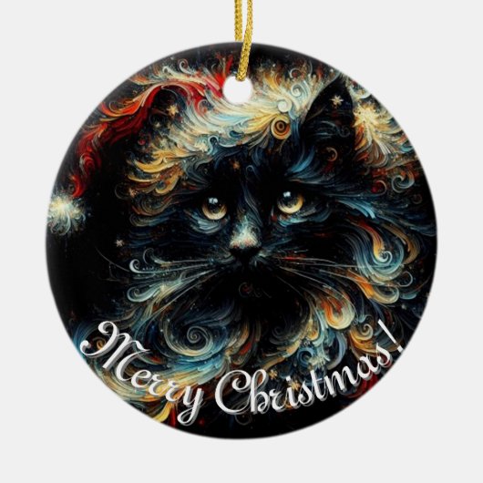 Whimsical Black Cat Santa Christmas Hat saisonale Keramik Ornament (Vorne)