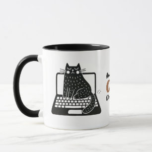 Whimsical Black Cat sitzend auf Laptop Tasse