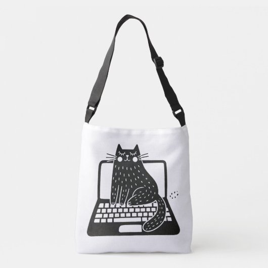 Whimsical Black Cat sitzend auf Laptop Tragetaschen Mit Langen Trägern (Rückseite)