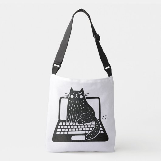 Whimsical Black Cat sitzend auf Laptop Tragetaschen Mit Langen Trägern (Vorderseite)