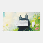 Whimsical Black Cat Sunny Daisy Cloud Sky Schreibtischunterlage (Tastatur & Maus)