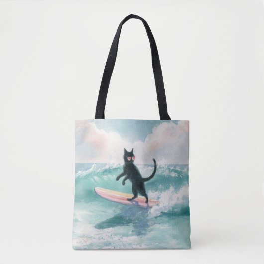 Whimsical Black Cat Surfer Tasche (Vorderseite)