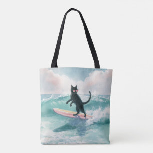 Whimsical Black Cat Surfer Tasche