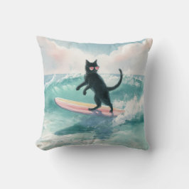 Whimsical Black Cat Surfing Beach Kissen