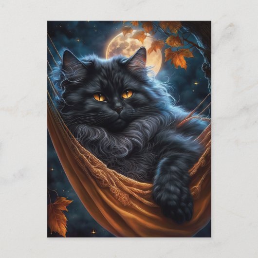 Whimsical Black Cat unter dem Halloween-Mond Postkarte (Vorderseite)